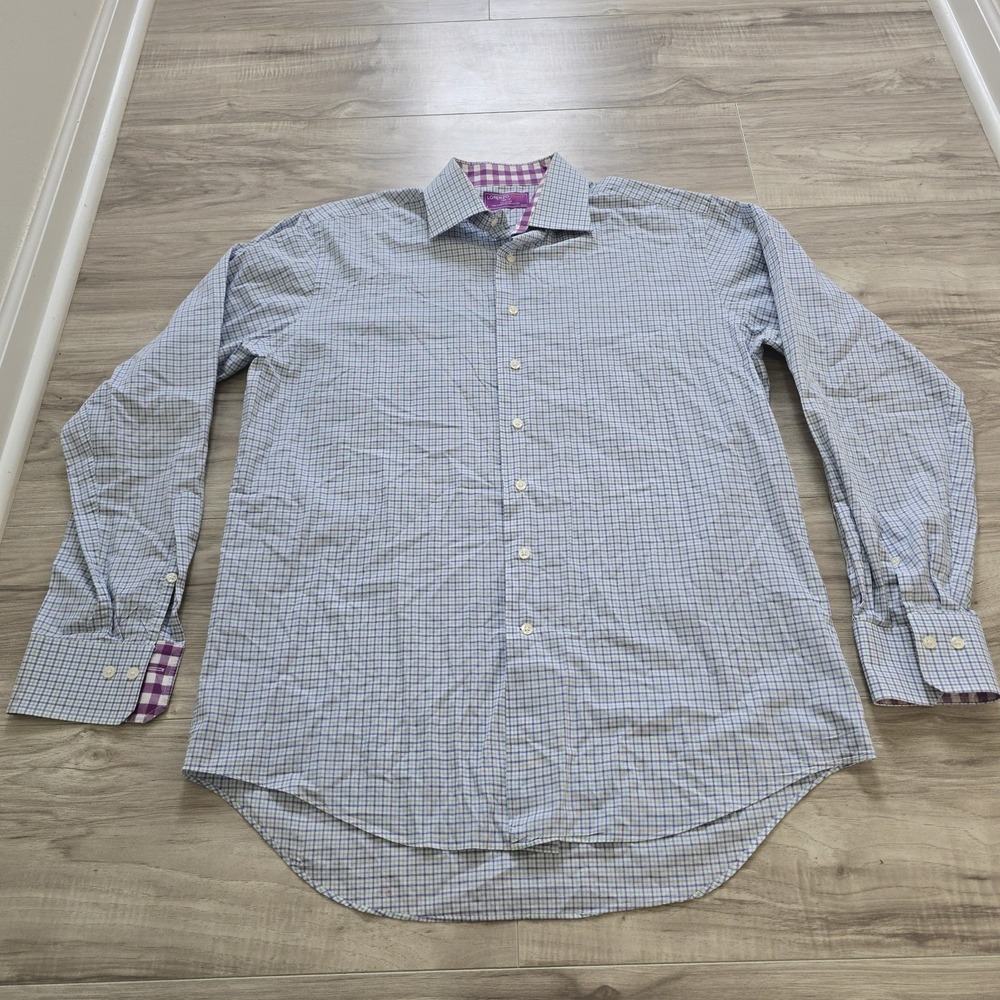 Lorenzo Uomo Button Shirt Mens 16 34/35 Purple Green Check - Picture 2 of 9